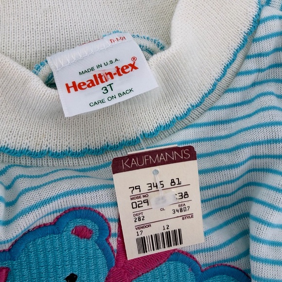 Vintage 80s 90s Health-Tex Bear on Sled Blue White Striped Dress, NWT, Girls 3T - Picture 6 of 8